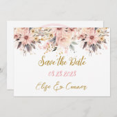 ピンクと金ゴールドのフローラ蝶は日付カードを保存 招待状 (正面/裏面)