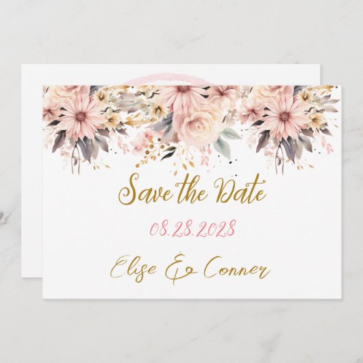 ピンクと金ゴールドのフローラ蝶は日付カードを保存 招待状 (正面/裏面)