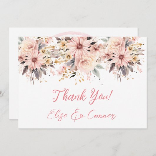 ピンクと金ゴールドのフローラ蝶サンキューカード 招待状 (正面/裏面)