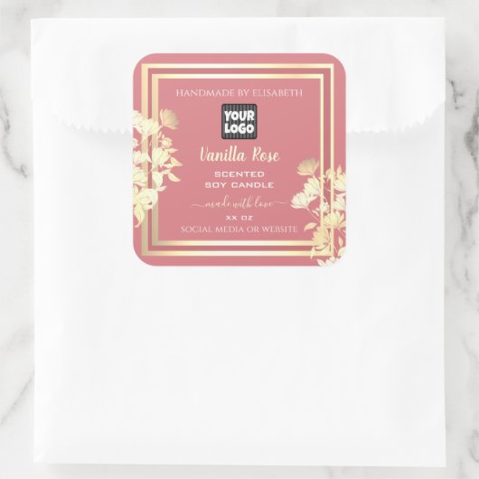 ピンクと金ゴールドのフローラ製品の包装ラベルロゴ スクエアシール (バッグ)