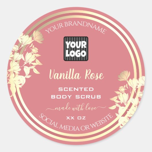 ピンクと金ゴールドのフローラ製品の包装ラベルロゴ ラウンドシール (正面)