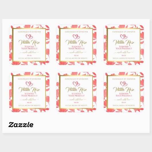 ピンクと金ゴールドのフローラ製品の包装ラベル スクエアシール (シート)