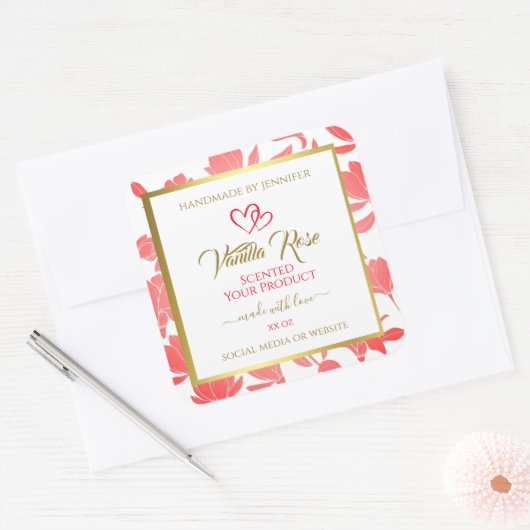 ピンクと金ゴールドのフローラ製品の包装ラベル スクエアシール (封筒)