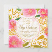 ピンクと金ゴールドのフローラ誕生日パーティーの招待 招待状 (正面)