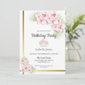 ピンクと金ゴールドのフローラ誕生日パーティー 招待状 (スタンド正面)