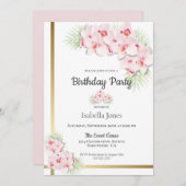 ピンクと金ゴールドのフローラ誕生日パーティー 招待状 (正面/裏面)