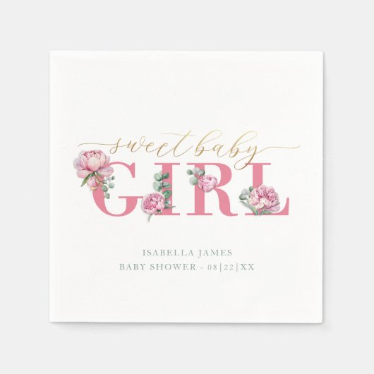 ピンクと金ゴールドのフローラ赤ちゃんシャワーナプキンfor a Swe スタンダードカクテルナプキン (正面)
