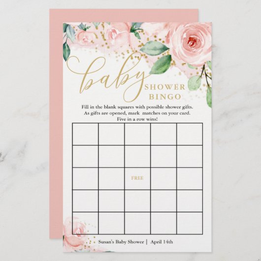 ピンクと金ゴールドのフローラ赤ちゃんシャワービンゴゲームカード (正面/裏面)
