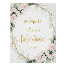 ピンクと金ゴールドのフローラ赤ちゃんシャワー歓迎サイン