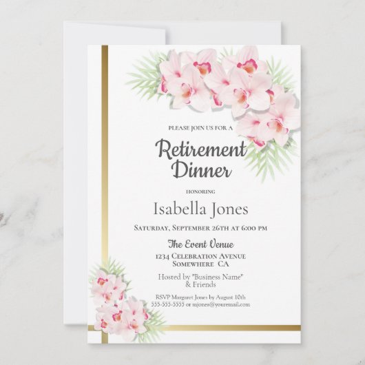 ピンクと金ゴールドのフローラ退職夕食パーティー 招待状 (正面)