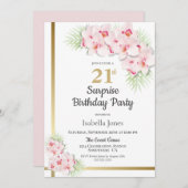 ピンクと金ゴールドのフローラ驚き21歳の誕生日パーティー 招待状 (正面/裏面)
