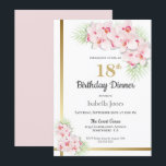 ピンクと金ゴールドのフローラ18誕生日ディナーパーティー 招待状<br><div class="desc">ピンクエレガントの蘭と金ゴールド非対称を特徴とする18歳のバースデスタイリッシュィナー縁どパーティの招待状。</div>