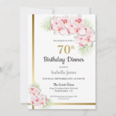 ピンクと金ゴールドのフローラ70誕生日ディナーパーティー 招待状 (正面)
