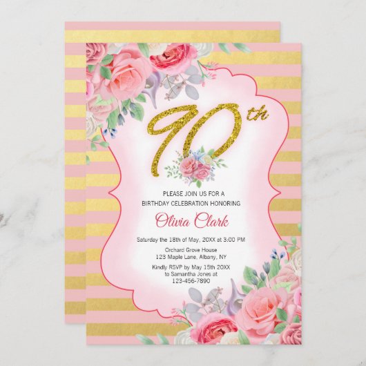 ピンクと金ゴールドのフローラ90誕生日 招待状 (正面/裏面)