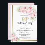 ピンクと金ゴールドのフローラ90th誕生日パーティー 招待状<br><div class="desc">ピンクエレガントの蘭と金ゴールド非対称を使用した90歳の誕生日パスタイリッシューティ縁どの招待。</div>