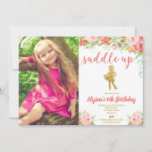 ピンクと金ゴールドのフローラ·カウボーイ·ガールの誕生日写真 招待状 (正面)