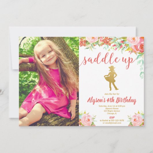 ピンクと金ゴールドのフローラ·カウボーイ·ガールの誕生日写真 招待状 (正面)