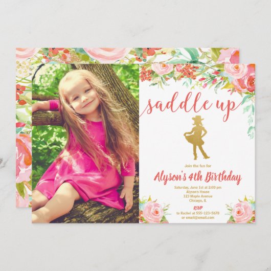 ピンクと金ゴールドのフローラ·カウボーイ·ガールの誕生日写真 招待状 (正面/裏面)