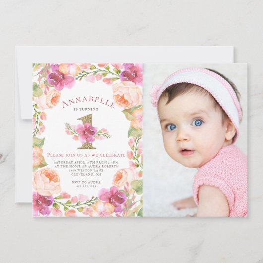ピンクと金ゴールドのフローラ·ガールズ1歳の誕生日写真 招待状 (正面)