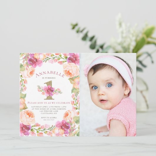 ピンクと金ゴールドのフローラ·ガールズ1歳の誕生日写真 招待状 (スタンド正面)