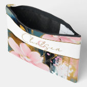 ピンクと金ゴールドのフローラ パーソナライズされた アクセサリーポーチ (見開き)