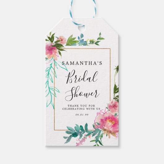 ピンクと金ゴールドのフローラDIYブライダルシャワーのお気に入り ギフトタグ (正面)