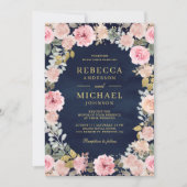 ピンクと金ゴールドのフローラQRコードネイビーブルー結婚ズ 招待状 (正面)