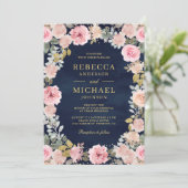 ピンクと金ゴールドのフローラQRコードネイビーブルー結婚ズ 招待状 (スタンド正面)