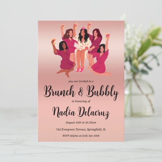 ピンクと金ゴールドのブランチと泡立つブライダルシャワー 招待状 (スタンド正面)