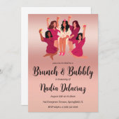 ピンクと金ゴールドのブランチと泡立つブライダルシャワー 招待状 (正面/裏面)