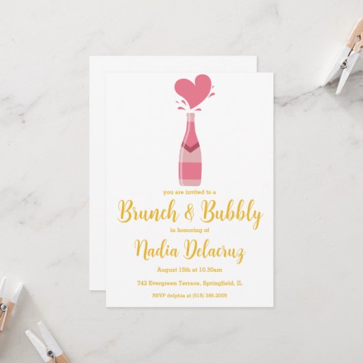 ピンクと金ゴールドのブランチと泡立つブライダルシャワー 招待状 (正面/裏面インサイチュ)