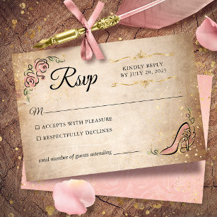 ピンクと金ゴールドのプリンセスシューエレガントな結婚式 出欠カード