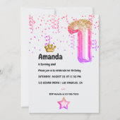 ピンクと金ゴールドのプリンセスバルーン1st誕生日 招待状 (正面)