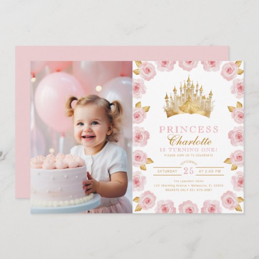ピンクと金ゴールドのプリンセス第1の誕生日の写真 招待状 (正面/裏面)