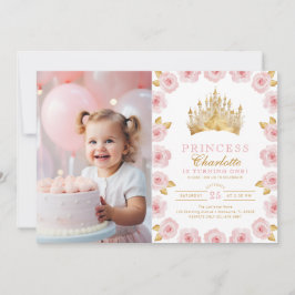 ピンクと金ゴールドのプリンセス第1の誕生日の写真 招待状