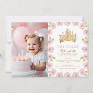 ピンクと金ゴールドのプリンセス第1の誕生日の写真 招待状