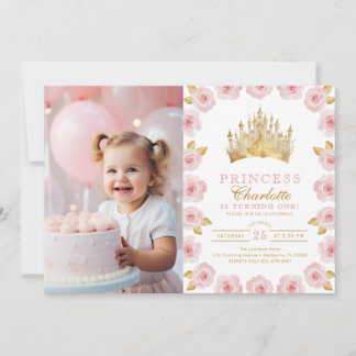 ピンクと金ゴールドのプリンセス第1の誕生日の写真 招待状