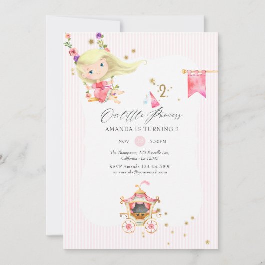 ピンクと金ゴールドのプリンセス2nd誕生日パーティー 招待状 (正面)