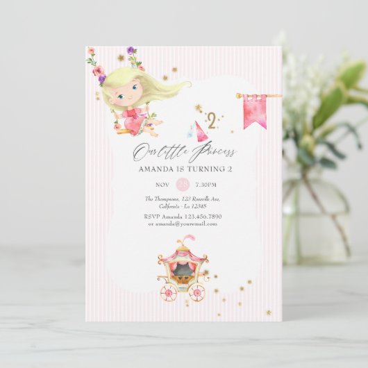 ピンクと金ゴールドのプリンセス2nd誕生日パーティー 招待状 (スタンド正面)