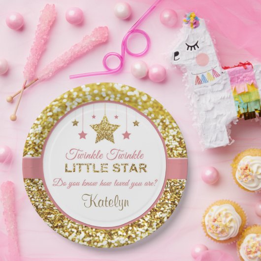 ピンクと金ゴールドのプレート:キラキラ小さな星 ペーパープレート (パーティー)