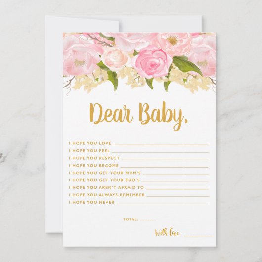 ピンクと金ゴールドのベビーアドバイスカードの願い 招待状 (裏面)