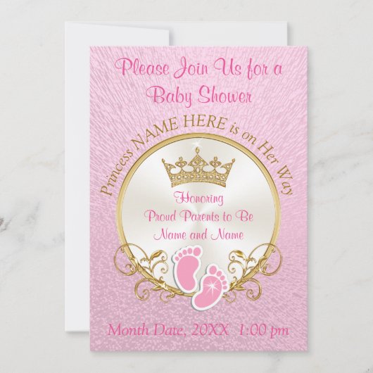 ピンクと金ゴールドのベビーシャワー招待状、パーソナライズ 招待状 (正面)