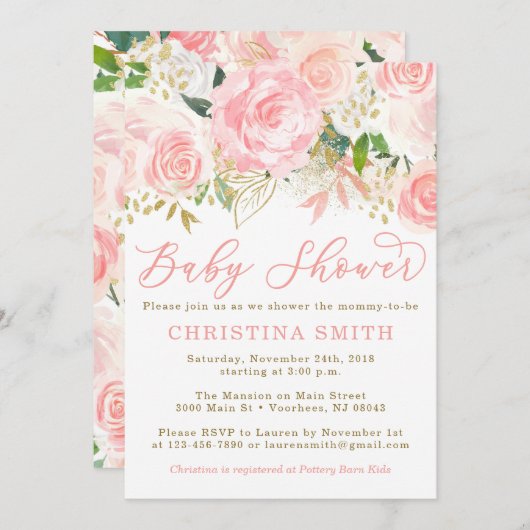 ピンクと金ゴールドのベビーシャワー招待状 招待状 (正面/裏面)