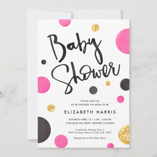 ピンクと金ゴールドのベビーシャワー招待状-水玉模様 招待状 (正面)