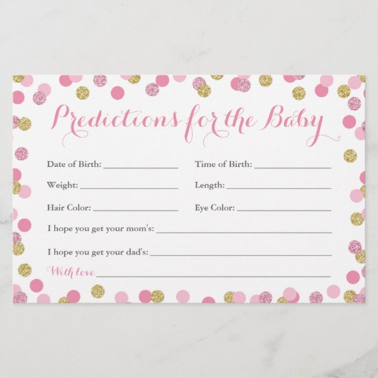 ピンクと金ゴールドのベビー予測カードのベビー (正面)