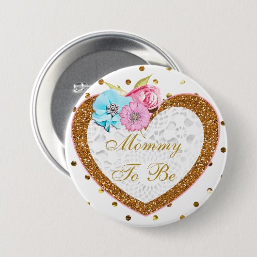 ピンクと金ゴールドのママが赤ちゃんのシャワーボタン 缶バッジ (正面&裏面)