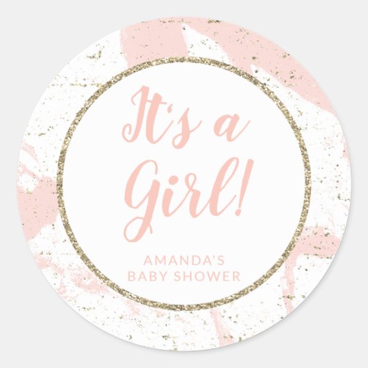 ピンクと金ゴールドのマーブルステッカー ラウンドシール (正面)