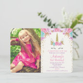 ピンクと金ゴールドのユニコーンの誕生日写真 招待状 (スタンド正面)