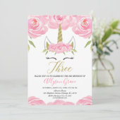 ピンクと金ゴールドのユニコーンの3番目の誕生日の女の子 招待状 (スタンド正面)