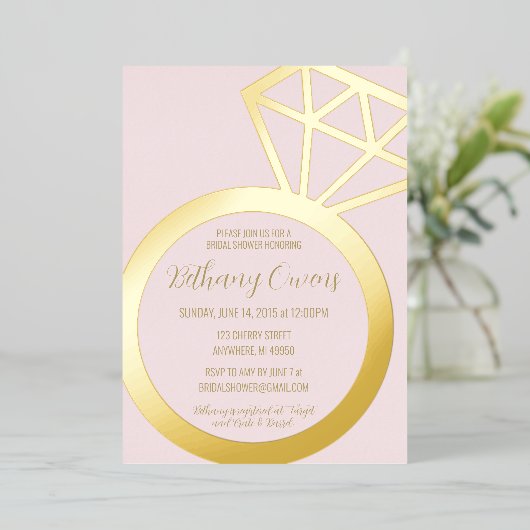 ピンクと金ゴールドのリングや輪のブライダルシャワー結婚、 箔招待状 (立ち正面)